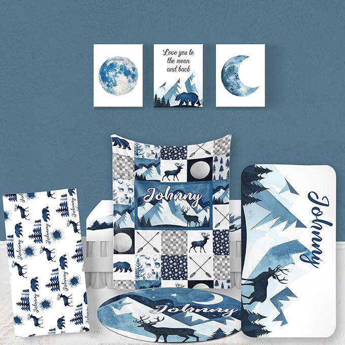 Custom Baby Bedding Set, Personalized Blue Deer Forest Bedding, Baby Blanket Fitted Sheet Changing Cover Nursery Rug Room Decor Gift Idea
