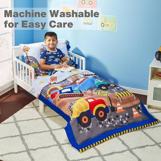 EVERYDAY KIDS 4 Piece Toddler Bedding Set - Under Construction - Includes Comforter, Flat Sheet, Fitted Sheet and Reversible Pillowcase