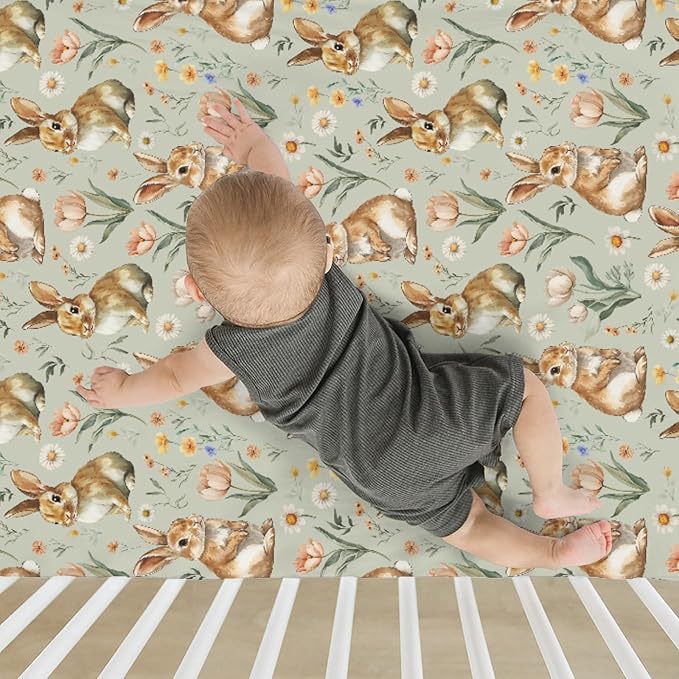 Vintage Rabbit Floral Baby Crib Sheets for Boy Girl 52"x28" Spring Bunnies Flowers Soft Stretchy Fitted Crib Mattress Cover Easter Bunny Wildflowers Baby Sheet for Standard Crib & Toddler Bed Mattress