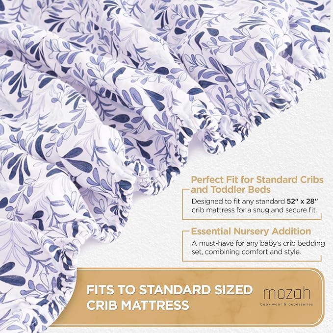 MOZAH Organic Muslin Crib Sheets, Soft and Breathable Bedding for Baby Girls or Boys, Snug Fitted Sheet for Standard Cribs & Toddler Mattresses, 2 Pack, Blue and Blue Leaves