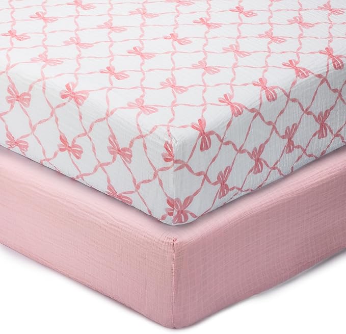 LollyBanks Muslin Crib Sheets 2 Pack, Soft and Breathable 100% Cotton Crib Fitted Sheets for Girls, Cozy and Snug Baby Sheet for Standard 52"x28" Mattress, Registry (Pink Bow and Solid Pink)