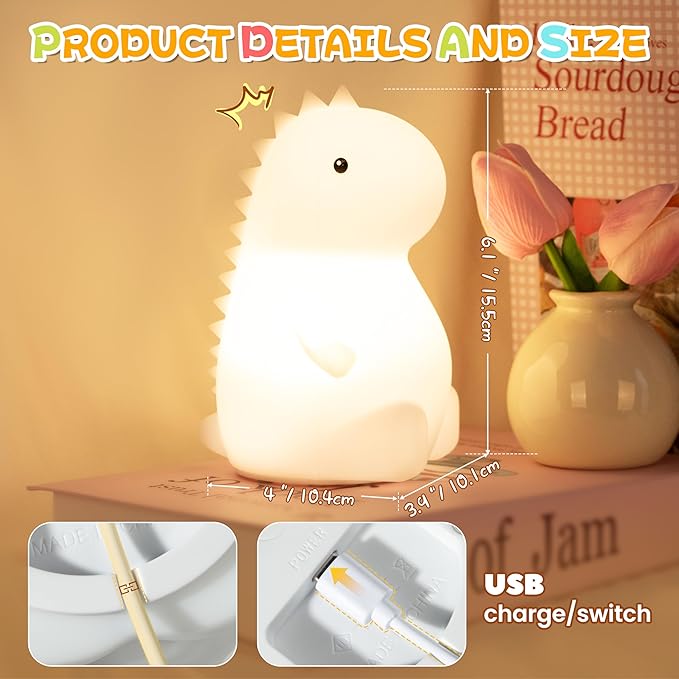 loatme Night Light for Kids, Rechargeable Dimmable Silicone LED Nightlight with 7 Colors, Baby Nursery Night Lamp, Touch Squishy Lamp, Cute Gifts for Girls, Boys, Toddler Room Decor, Dinosaur