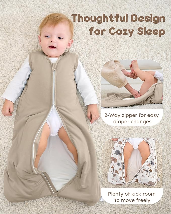 Rayon Made from Bamboo Baby Sleep Sack 0-6 Months, 1.0 Tog Baby Wearable Blanket, Soft Sleeping Bag for Newborn Infant Babies with 2-Way Zipper 2 Pack (Small) Grey Elephant