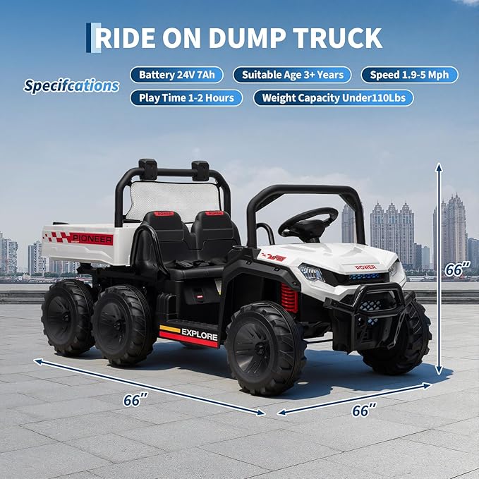 24V 4WD Electric Dump Truck for Kids, 2 Seater Remote Control Ride On Car with Dump Bed, All Terrain Vehicle Toy for Boys & Girls 3-8 Years Old, White