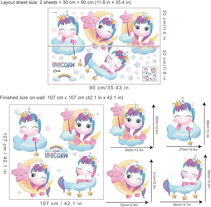 Ollaland Unicorns Wall Decals - Colourful Peel and Stick Cute Unicorn Wall Stickers, Decor for Baby Nursery, Toddler & Kids Bedroom Walls