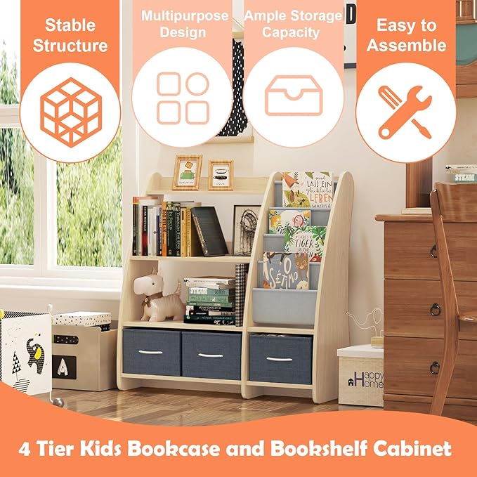 HedoAjim Kids Bookshelf Wood Toy Storage Organizer Cabinet Children Bookcase Toddler Baby Sling Book Rack 3 Cube Bins Sail Boat Arc Shape for Playroom Bedroom Nursery Classroom