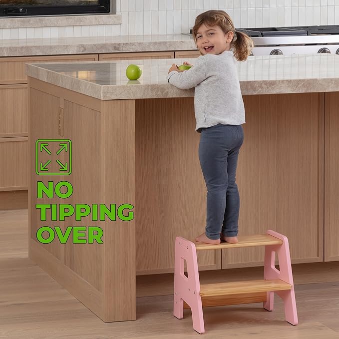 OCODILE 2-Step Wooden Step Stool for Toddlers | Kids Stool for Bathroom Sink & Kitchen Use | Non-Slip Step | Wooden Stool for Children Ages 2+ Years Pink