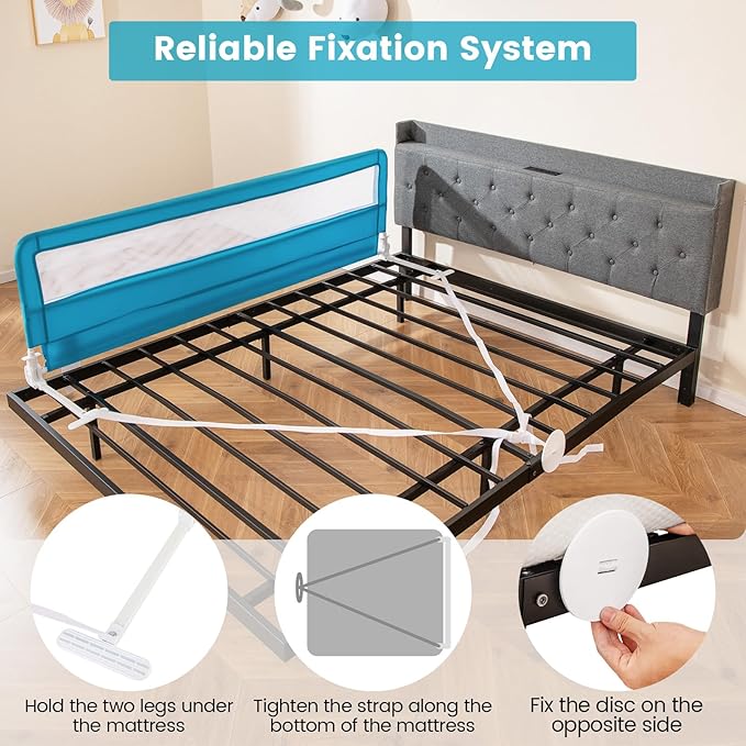 HONEY JOY Bed Rail for Toddlers, 71-in Extra Long, Portable Safety Bed Guardrail w/Double Safety Child Lock, Foldable Baby Bed Rail Guard, Fit King & Queen Full Twin Size Bed Mattress(Blue, Pack 1)