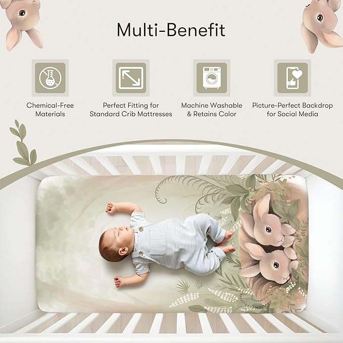 100% Cotton Fitted Crib Sheet, Peekaboo Bunny Design, Gentle Baby Nursery Bedding, Fits Standard 52 x 28 in Mattress