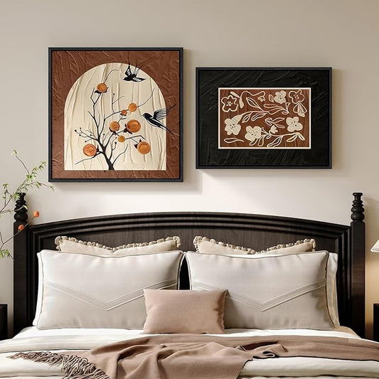 Framed Vintage Set of 2 Bedroom Wall Art, Black & Brown Bird Floral Canvas Artwork for Living Room Walls, Rustic Elegant Chinoiserie Pictures Prints for Dining Room Office Wall Decor, 24x24 & 24x18 In
