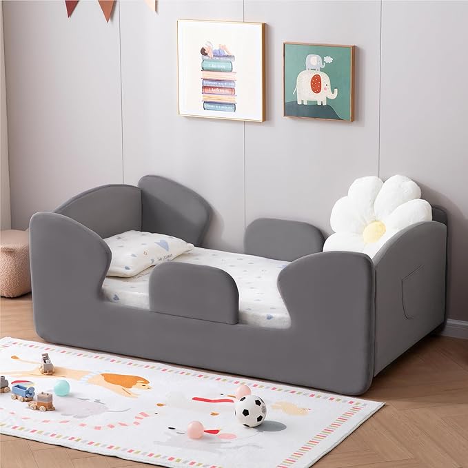 Toddler Floor Bed Frame with Removable Safety Rails and Storage Bag, Kids Bed for Girl and Boys, Standard Crib Size Portable Beds, Safety Upholstered Child Beds, Low to Floor Design