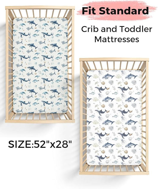 Crib Sheets for Boys and Girls, 2 Pack Fitted Baby Sheets for Standard Toddler Mattress 28" x 52", Soft Breathable Jersey Knit Baby Bedding (Aquatic Adventures)