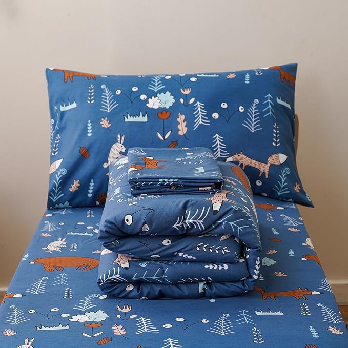 KAREVER Cartoon Toddler Bedding Set Bear Fox 4 Pieces Crib Bed Set Kids Navy Blue Animal Print Comforter Set