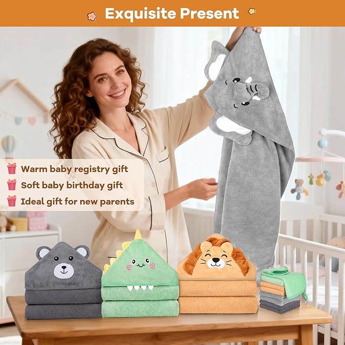 CandyHome 12 PCS Baby Bath Towels Set for Infants Toddlers, 4 PCS Animal Hooded Baby Towels & 8 PCS Washcloths Set, Ultra Absorbent Cute Soft Newborn Essentials Gift for Boys & Girls