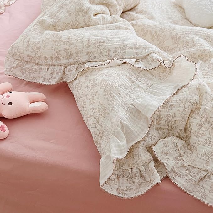 BuLuTu Rabbit Duvet Cover Full Size Kids Duvet Cover 79"x90" Muslin Cotton Quilt Cover with Chic Ruffles, Girls Comforter Cover with Zipper Closure, Machine Wash, All Seasons