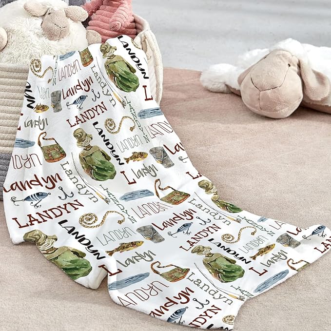 Custom Baby Crib Bedding Set, Personalized Name Fishing Theme Design Crib Set 3 Pcs, Soft Double Layer Blanket, Crib Sheet & Room Rug, Ideal Nursery Decor Gift for Baby Girls Boys