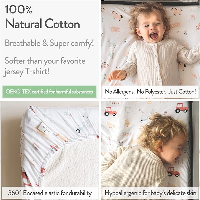 Mini Portable 24x38 Fitted Crib Sheets – Compatible with Dream on Me, Delta Porta Crib and Arms Reach Ideal Cosleeper – 100% Jersey Cotton – Farm Animals – 2 Pack