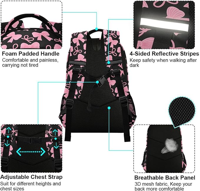 MNSRUU Laptop Backpack with Chest Strap, Pink Bow School Backpack, Travel Hiking Bag for Boys Girls Teen College Adult, Rucksack Knapsack