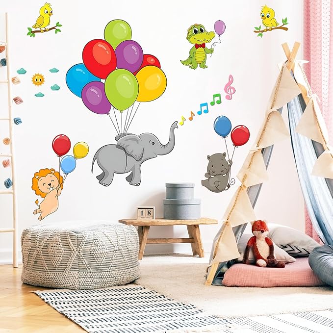 Eutecado Forest Animals Balloon Wall Decals Colorful Kids Wall Stickers, Lovely Elephant Hippo Lion Crocodile Wall Stickers Sun Clouds Art Decals for Nursery Classroom Playroom Cute Room Decor