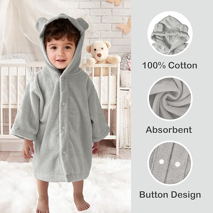 VOOVA & MOVAS Baby Hooded Bath Towel with Bear Ear (0-3Years) 100% Cotton Soft Absorbent Skin-Friendly Bath Pool Beach Towel Robe for Newborns & Infants - Perfect Set,Gray