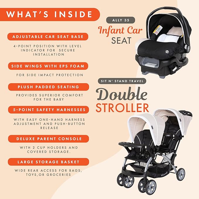 Baby Trend Infant and Toddler Double Stroller & 2 Car Seat Combo, 3 Pc Set, Khaki - Portable and Lightweight Stroller Duo and Car Seat Travel System Tandem