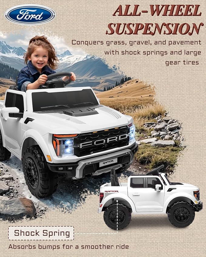 First Ride On Licensed Ford F-150 Raptor 12V Kids Ride on Truck, Ride on Toys for Toddlers with Remote Control, Electric Car for Kids with Truck Bed Storage, Smooth Start, Music, Bluetooth (White)