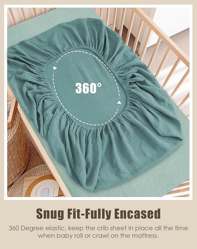 SWEET DOLPHIN 2-Pack Muslin Crib Sheets for Boys & Girls, Ultra Soft Breathable 40S Long-Staple Cotton Fitted Baby Sheets for Standard Crib Mattress 52"x28", Light Teal- Nursery Essentials