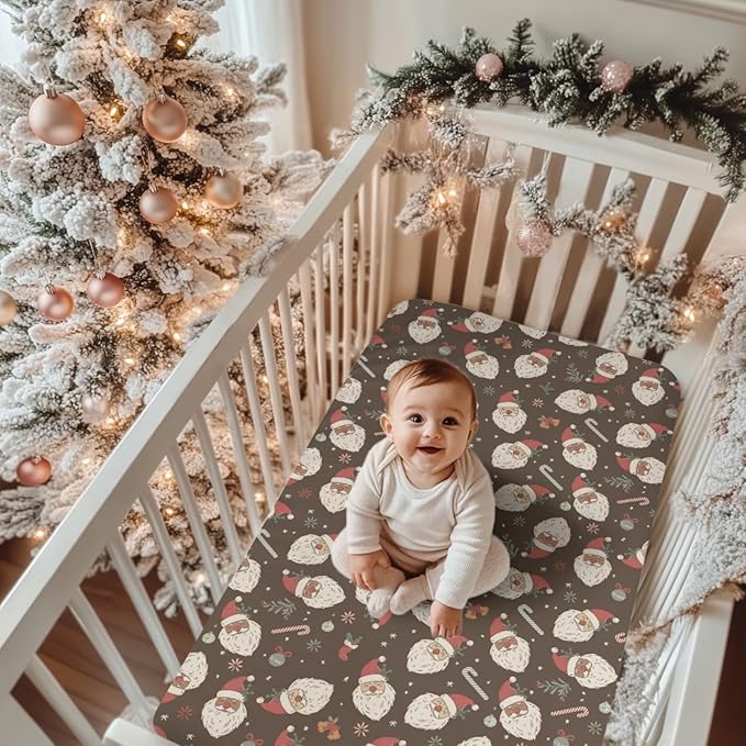 Vintage Christmas Santa Claus Baby Crib Sheets for Boy Girl 52"x28" Santa Stockings Candy Fir Cherry Soft Snug Fitted Crib Mattress Cover Winter Holiday Baby Sheet for Standard Crib & Toddler Mattress