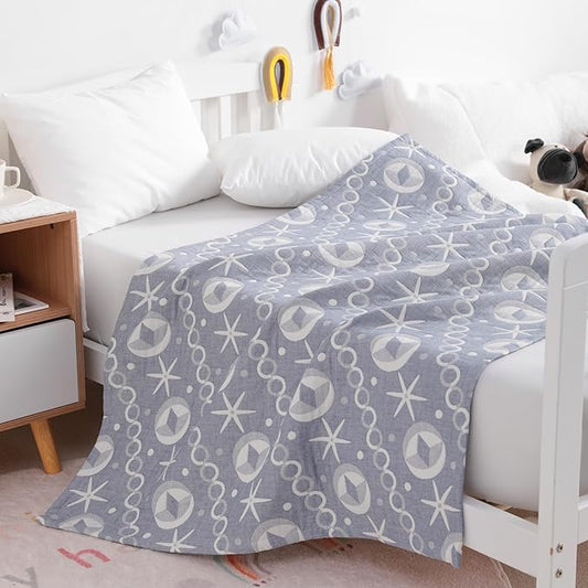 NTBAY 3 Layer Toddler Blanket, Muslin Cotton Jacquard Bed Blankets, Lightweight Thermal Baby Blanket, Super Soft and Warm Crib Blanket for All Seasons, Decoration Gift, 30"x40", Blue Starfish