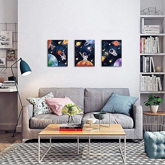 Biuteawal 3 Panels Space Wall Art Cute Astronaut Play Basketball Football Baseball Sports Picture Universe Theme Canvas Painting Funny Art Boys Girls Kids Bedroom Nursery Room Decor