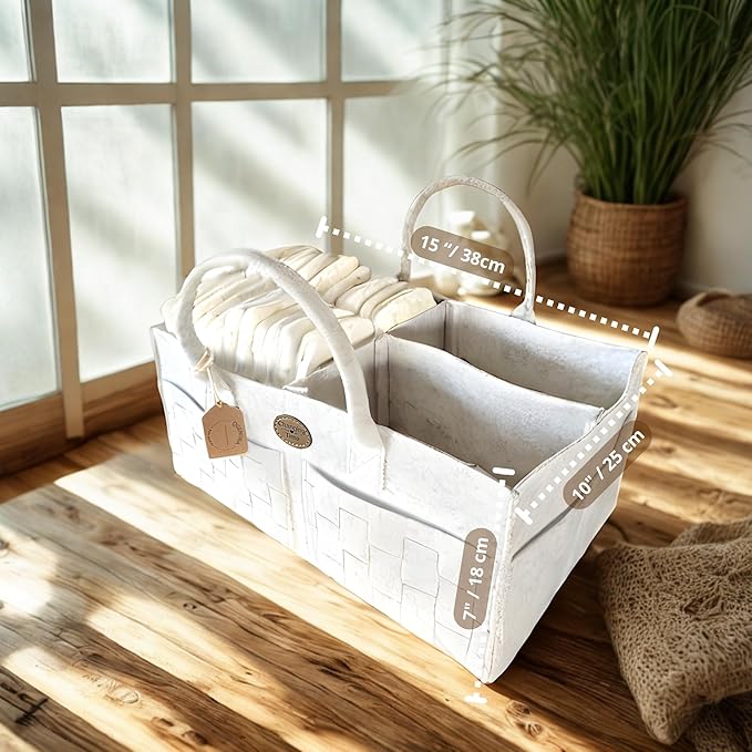 QGENUBA Baby Diaper Caddy Organizer for Nursery – Large Felt Storage Basket for Baby Essentials, Wipes & Diapers – Portable Nursery Organizer Bin for Changing Table or Living Room Winter White