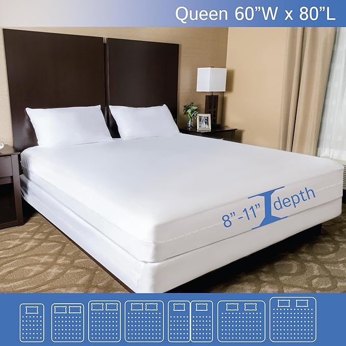 Queen Mattress or Box Spring Protector (8"-11" Depth) - Zippered Waterproof Encasement Hypoallergenic Premium Quality Cover Protects from Dust