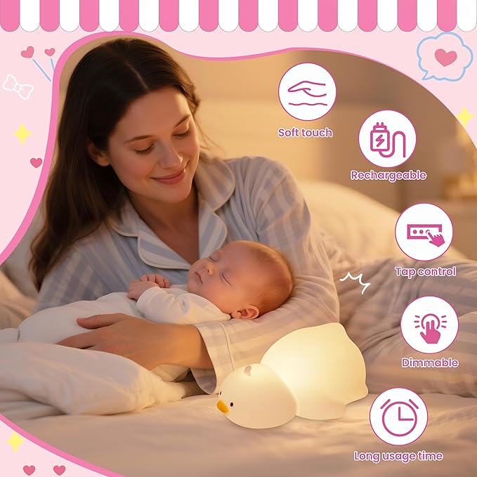 loatme Night Light for Kids, Rechargeable Dimmable Silicone LED Nightlight with 7 Colors, Baby Nursery Night Lamp, Touch Squishy Lamp, Cute Gifts for Girls, Boys, Toddler Room Decor, Lying Duck