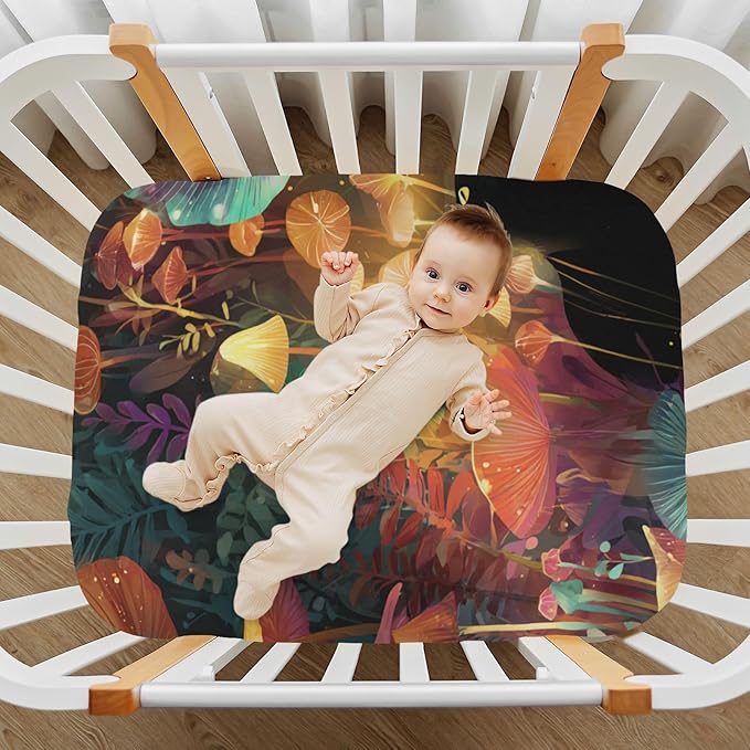Orange Cat Mushroom Forest Crib Sheets Standard Crib Toddler Mattresses Cover Fitted Baby Bed Sheet Breathable Crib Mattress Sheet for Girls Boys 52" x 28"x5''