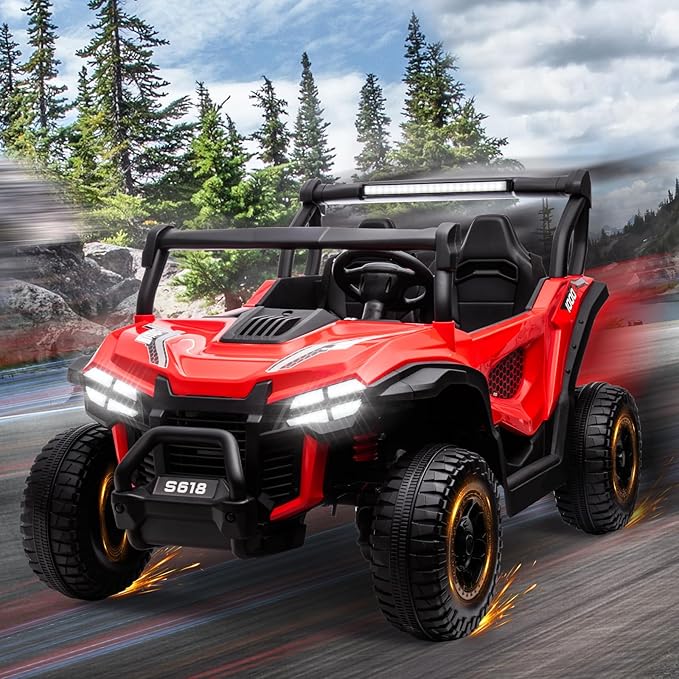 MOLACHI 24V 2 Seater Kids Ride on UTV Car,4WD Battery Powered Electric Vehicle for Kid,Ride On Truck with Remote Control,Safety Belts,3 Speeds,Bluetooth (Red)