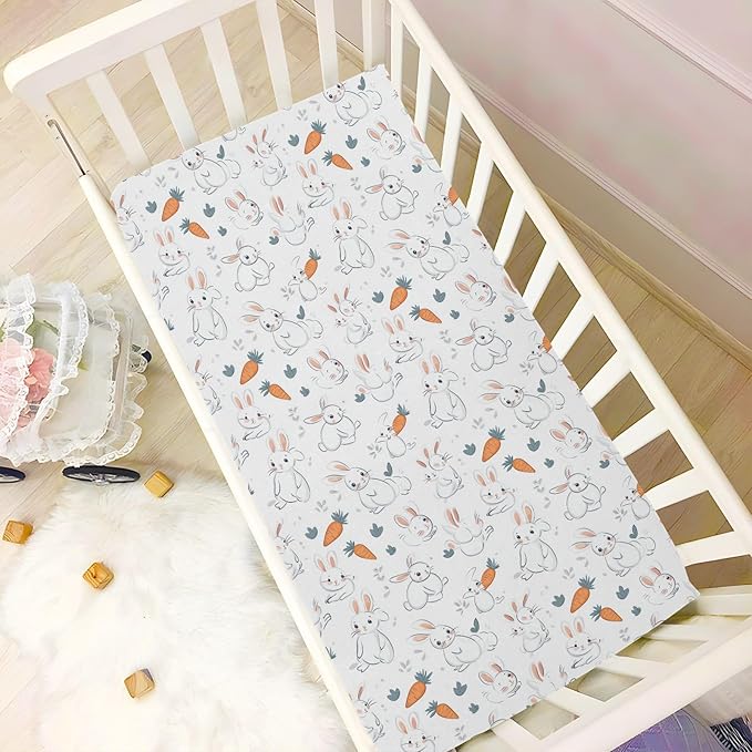 White Rabbit and Carrot01 Crib Sheets Standard Crib Toddler Mattresses Cover Fitted Baby Bed Sheet Breathable Crib Mattress Sheet for Girls Boys 39''x27''x9''