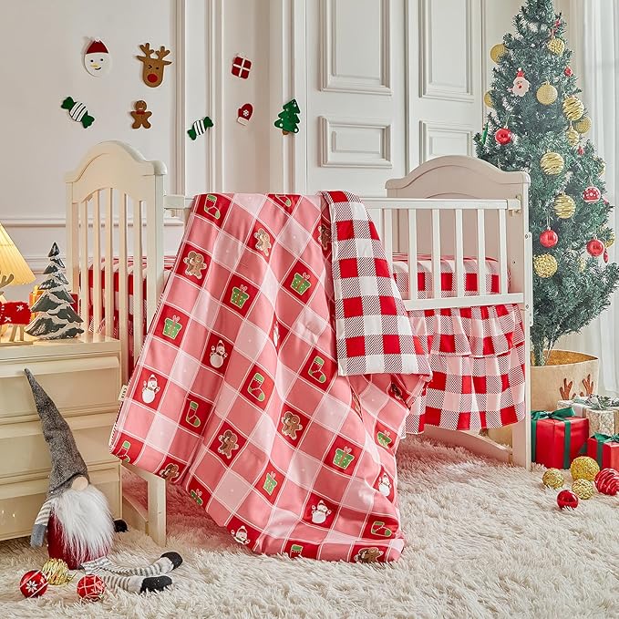 Christmas Crib Bedding Set 3 Pcs Pink Red Plaid with Gingerbread Man, Soft Quilted Comforter Sheet & Skirt, Festive Baby Crib Bedding