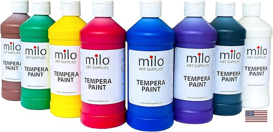 milo Washable Paint for Kids | 8 Colors 16 oz Bottles | Made in the USA | Safe and Non-Toxic Tempera Paint for Arts & Crafts, Poster, Windows for Toddlers, Children, Classroom, School, Project