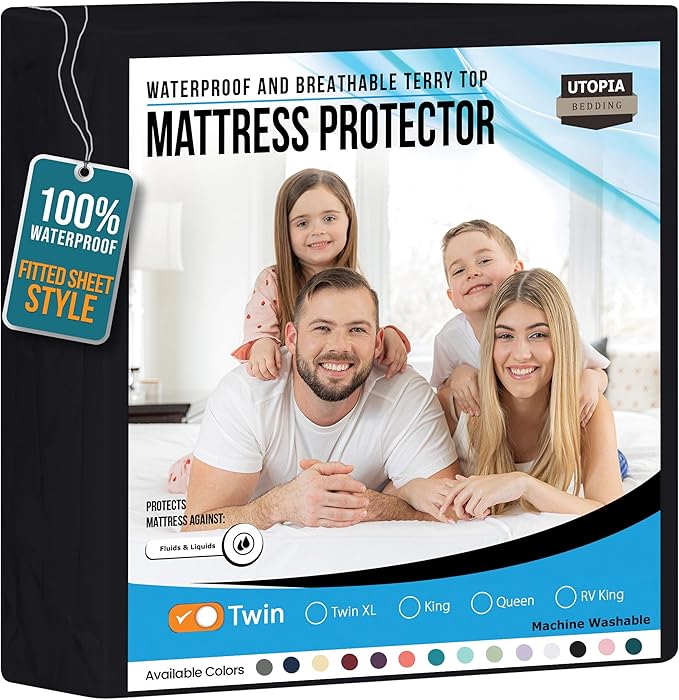 Utopia Bedding Waterproof Mattress Protector Twin Size, Premium 200 GSM Terry Mattress Cover, Soft & Breathable Bed Cover, Fitted Sheet Style with Stretchable Deep Pockets 15" (Black)