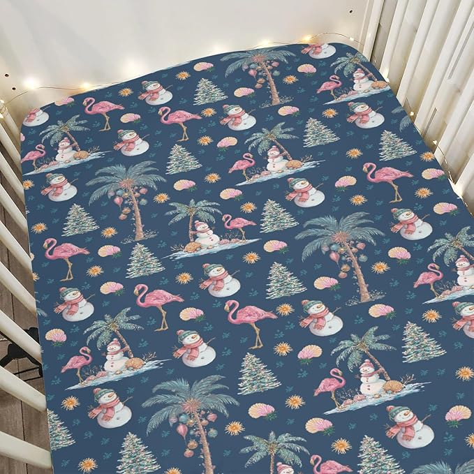 Preppy Beach Christmas Baby Crib Sheets for Boy Girl 52x28 Flamingo Palm Trees Snowmen Coastal Soft Snug Fitted Crib Mattress Cover Tropical Christmas Baby Sheet for Standard Crib & Toddler Mattress