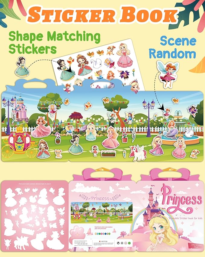 Benresive Reusable Sticker Books for Toddlers, Fun Travel Stickers for Kids, Toddler Sticker Book, Crafts Activities for Toddlers, 3 and Up Birthady Gifts - Princess