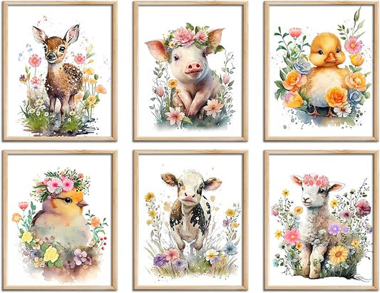 LNLAGBO Baby Watercolor Farm Animals Nursery Wall Art Prints,Cute Baby Animal Nursery Farm Wall Art, Animals Themed Posters for Farmhouse Kids Room Decor,Set of 6(8"X10"Unframed)