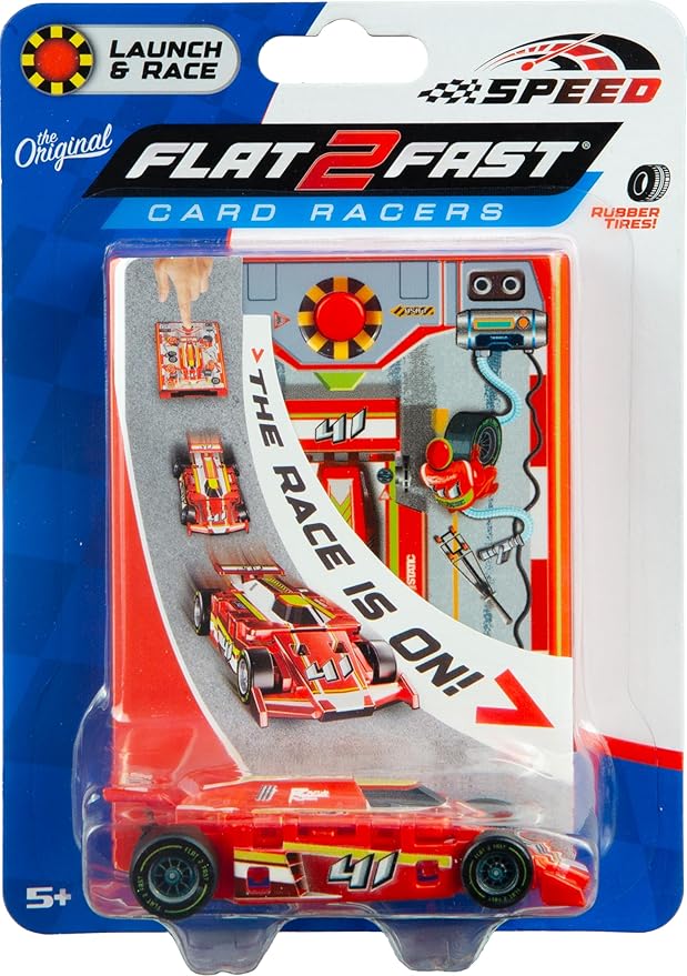 FLAT 2 FAST Original Speed Card Racer – Flat Car Racer and Pocket Size Racecar Launcher with Real Rubber Tires for High-Speed Racing – Load, Launch, Race! – Racing Red