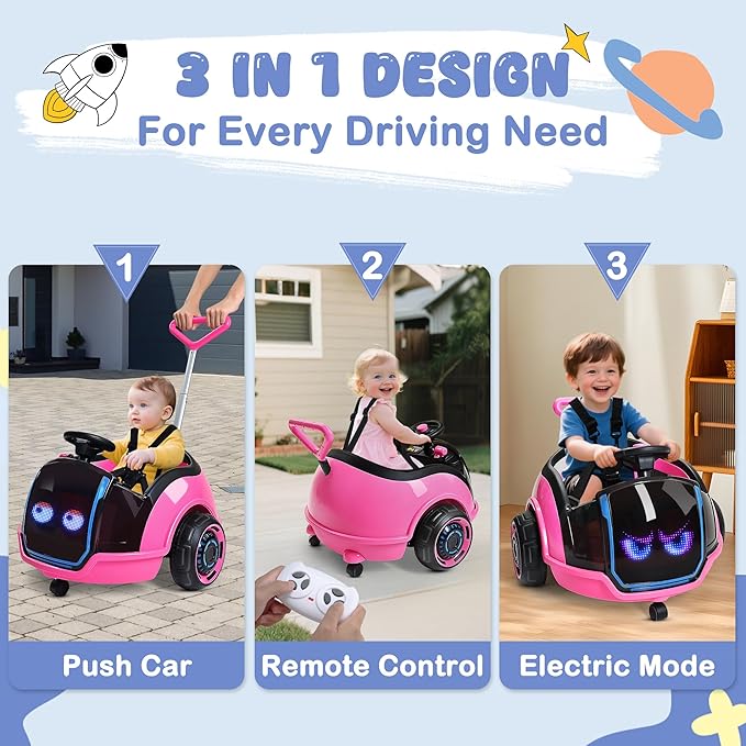 ANPABO 3-in-1 Electric Push Ride On Car, 12V Kids Ride On Toy w/Remote Control, 360° Spin, LED Display, 5-Point Safety Belt, Colorful LED Light, Music Player, Push Car for Toddler Ages 1-3 (Pink)