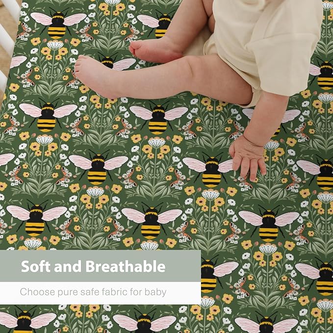 Bee Honey Garden Green Baby Crib Sheets for Boy Girl 52"x28" Boho Floral Bees Honey Butterflies Soft Snug Fitted Crib Mattress Covers Spring Summer Baby Sheet for Standard Crib & Toddler Bed Mattress