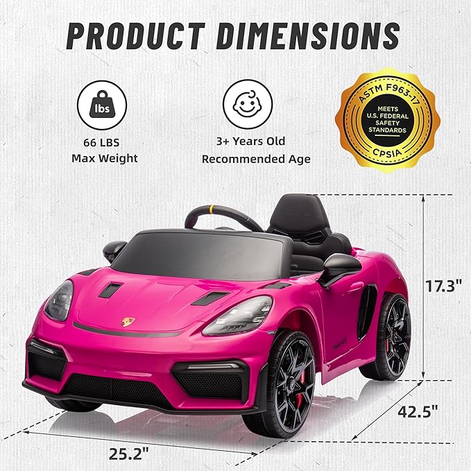 First Ride On Licensed Porsche 718 12V Ride on Toy for Toddler, Ride on Car for Kids with Remote Control, Child Electric Car w/Horn, Radio, USB, Spring Suspension, Opening Door, Led Light (Pink)