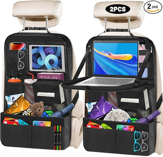 DUWAI Backseat Car Organizer with Table Tray,12 Pockets Storage Organizer with Tablet Holder,Car Seat Organizer with Car Tissue Holder,Kick Mats Protector For Kids,Travel Accessories(2-Pack)