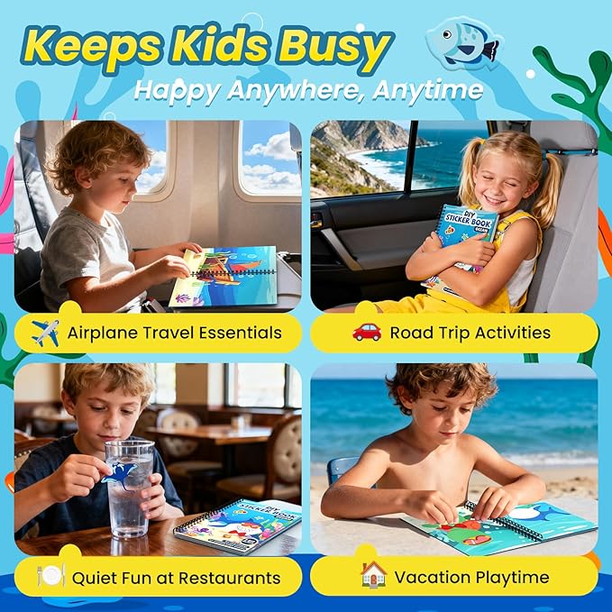 Ocean Reusable Sticker Book for Toddlers, DIY Make-a-face Animals Fun Jelly Stickers, Washable Puffy Stickers for Kids Toys, Airplane Road Trip Travel Activities Essentials for Kids 3 4 5 Years