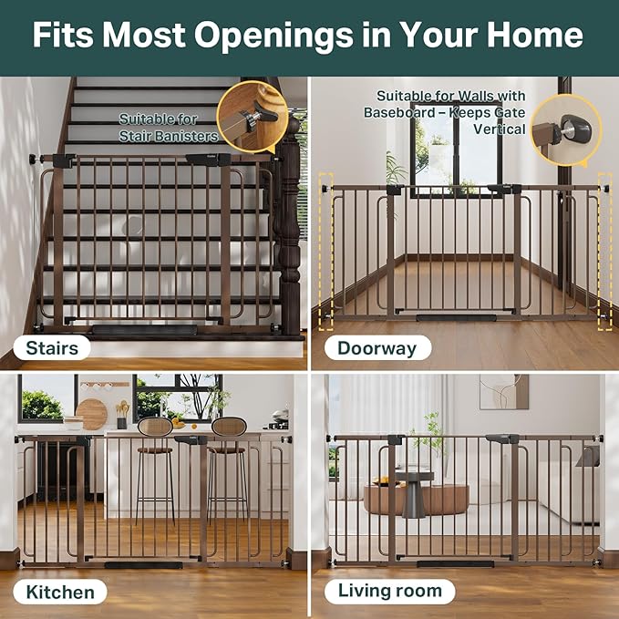 Cumbor 36.6-64" Extra Wide Baby Gate for Stairs, Dog Gates for Doorways, Auto-Close Pet Gate Indoor, Pressure Mounted Walk Through Safety Child Gate for Kids Toddler, Tall Pet Puppy Fence Gate, Brown