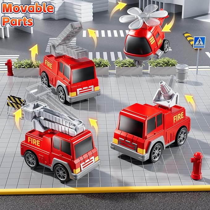 Fire Truck Toys for Toddler 1-3 3-5, 5-in-1 Fire Car Carrier Vehicle Set for Girls 1 2 3 4 5 6 Years Old, Transport Car with Light Sound, Birthdays Gifts for Kids Girls Aged 3-9